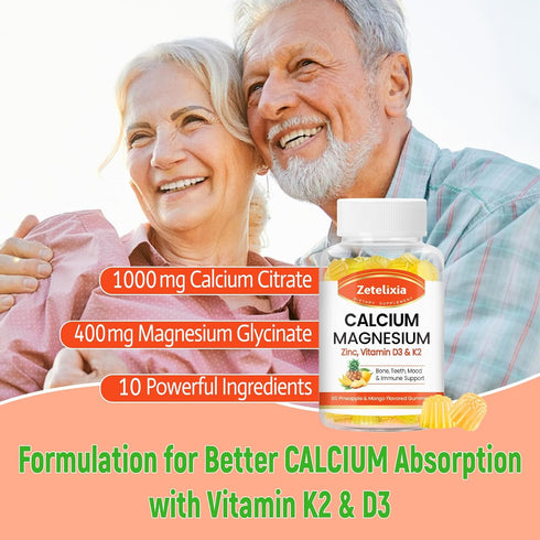 Sugar Free Calcium Gummies for Women Men, Calcium Magnesium Zinc with Vitamin D3 & K2, Calcium Magnesium Supplement for Bones Muscles and Joints, ...