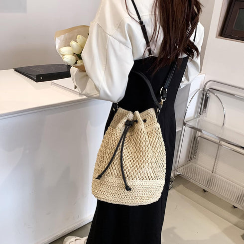 Straw Bucket Bag for Women, Summer Woven Beach Bag Drawstring Hobo Bucket Purses Handbag for Vacation...