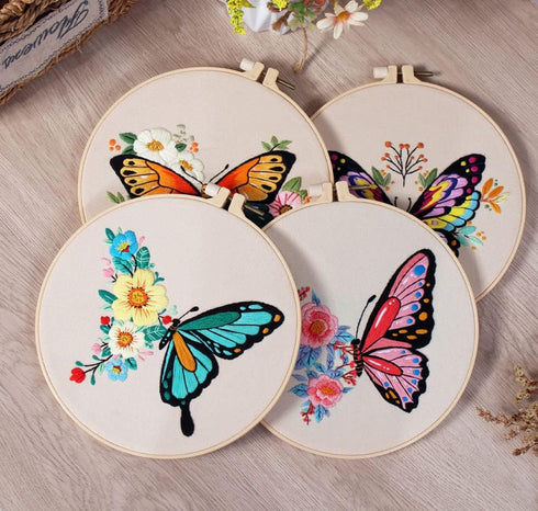 GLTAYLMY 3 Pack Embroidery Kits with Butterfly Pattern for Beginner Adults,Cross Stitch Kits with 1 Plastic Embroidery Hoops,Needles and Color Thr...