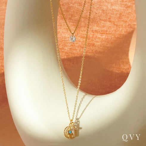 Dainty Turquoise Evil Eye and Cross Layered Necklace for Women • Multiple Charm Choker Double Necklaces • 14K Gold Plated Unique Summer Jewelry [E...