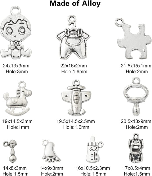 Ipotkitt 100 Pcs 10 Styles Antique Style Cartoon Charms Baby Boy Charms Baby Themed Puzzle Plane Charms for Baby Shower DIY Jewelry Making Supplie...