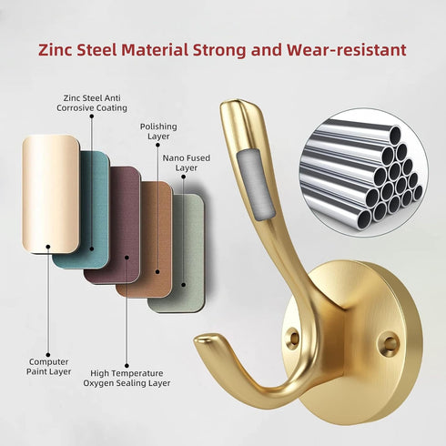 ZUONAI Gold Coat Hooks 2 Pack Heavy Duty Brushed Towel Hooks Screws Solid Brass Wall Gold Hooks for Hanging Coats, Hats, Jacket, Clothing and Keys...