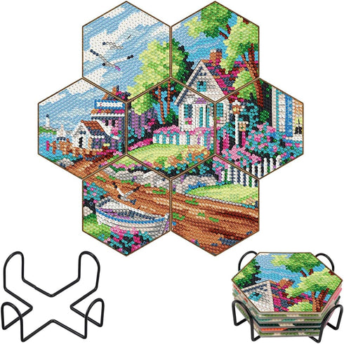 DIY Diamond Painting Coasters Kit with Holder - Set of 7 Diamond Art Coasters for Adults, Beginners & Kids for Home Décor, Diamond Art Craft Suppl...