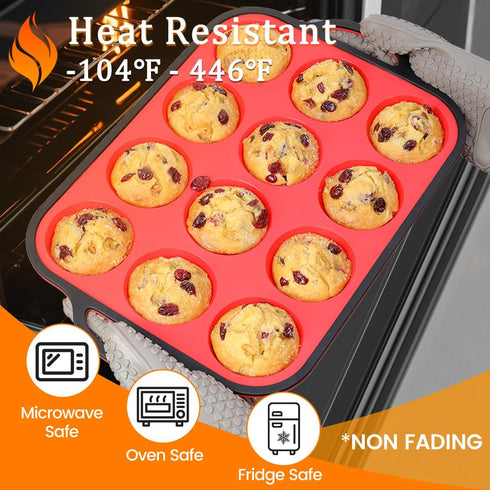 CAKETIME Silicone Muffin Pan with Metal Reinforced Frame Regular Size Muffin Pan with Handle Easy to Move 12 Cups for Baking Nonstick Muffin Tin B...