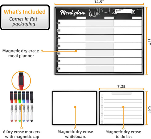 JJPRO Magnetic Dry Erase Meal Planning Whiteboard for Refrigerator-One 14.5x11" Weekly Menu Board and Two Notes Whiteboard for Kitchen Fridge-Refr...