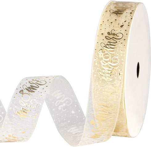 Holijolly Gold Sheer Gift Ribbon - Snow Yarn Ribbon with "Mr & Mrs" Lettering and Ring Print for Wedding Shower - 3/4 inch x 10 Yard...