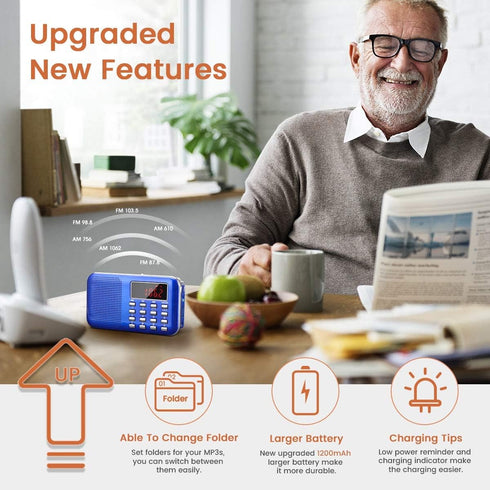 PRUNUS Mini Portable Radio AM FM Pocket Radio with MP3, LED Flashlight, Digital Radio Speaker Support Micro SD/TF Card/USB, Auto Scan Save, 1200mA...