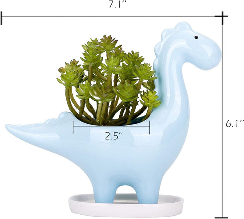 VanEnjoy Desktop Cute Cartoon Herbivorous Dinosaur White Ceramic Succulent Planter with Tray, Bonsai Cactus Flower Pot Vase Holder Decorative Orga...