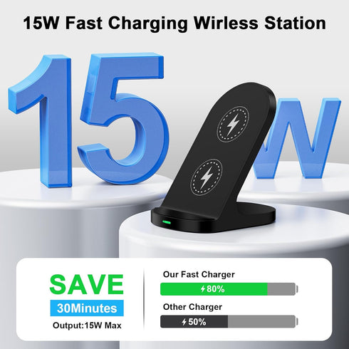 15W Fast Android Phone Wireless Charger for Google Pixel 8a/8 Pro/8/7 Pro/7/6,iPhone 15/14/13/12/XR/SE,LG;Samsung Wireless Charger Station (Stand)...