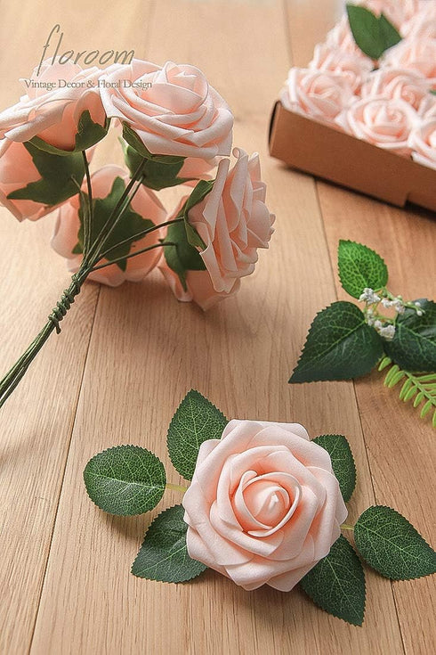 Floroom Artificial Flowers 50pcs Real Looking Blush Foam Fake Roses with Stems for DIY Wedding Bouquets Pink Bridal Shower Centerpieces Floral Arr...