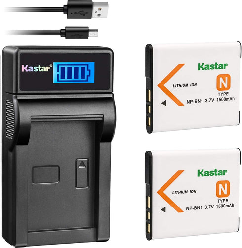Kastar Battery (X2) & LCD Slim USB Charger for Sony NP-BN1 NPBN1 BC-CSN and Cyber-Shot DSC-QX10 QX30 QX100 DSC-TF1 DSC-TX10 TX20 TX30 DSC-W530 DSC...