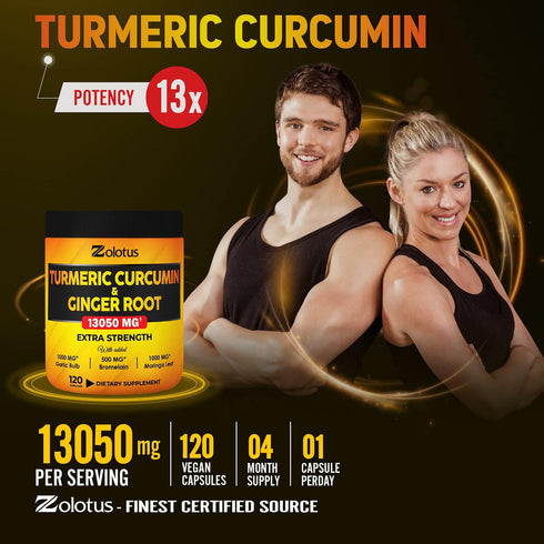 6 in 1 Turmeric Curcumin + Ginger Capsules, 95% Curcuminoids, Equivalent to 13050mg, with Ginger, Garlic Bulb, Bromelain, Moringa, Black Pepper, J...