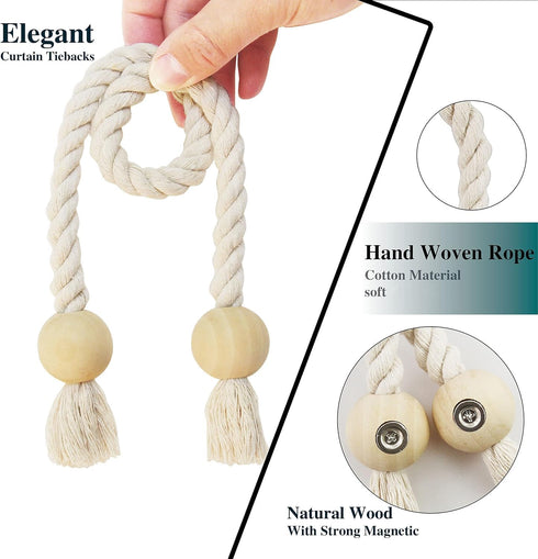 2 Pack Magnetic Curtain Tiebacks Cotton Hand Woven Tie Back Decorative Rope Holdbacks for Curtains Draperies No Tools Required, Beige...