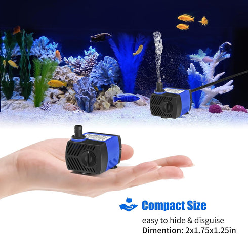 AQUANEAT Small Fountain Pump, 80 GPH Mini Submersible Water Pump with 3.3 ft Tubing, for Aquarium Fish Tank, Pet Water Fountain, Water Table, Wate...