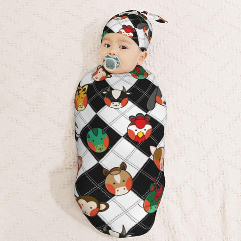 Chinese Zodiac Newborn Swaddle Blanket with Beanie Set Soft Baby Sleep Sack Stretch Adjustable Swaddle Wraps Receiving Blankets...