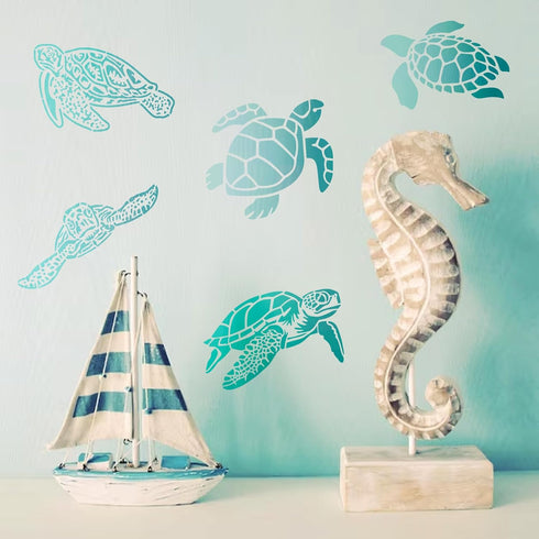 12 Pcs Sea Turtle Stencils, Ocean Creatures Animals Stencils Beach Template Stencils for Painting on Wood Wall Canvas Fabric Furniture Rocks Glass...