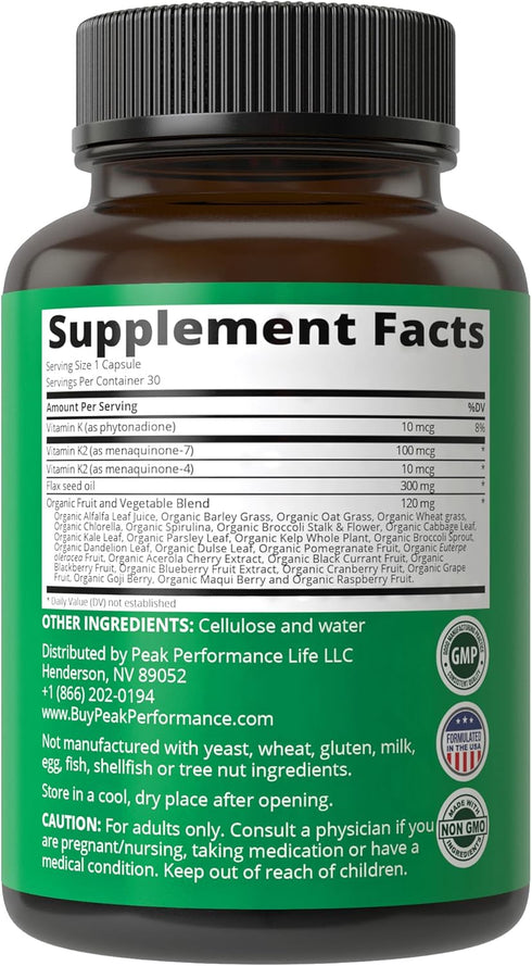 Vitamin K with Whole Food Blend of 25+ Vegetables and Fruits for Max Absorption. Vegan Capsules Supplement. Vitamins K1, K-2 MK4 + K2 Natto MK7. A...
