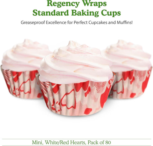 Regency Wraps Baking Cups, Greaseproof, Non-stick, Holiday Inspired Liners for Cupcakes and Muffins, Heart Print, Red/White, Mini (Pack of 80)...