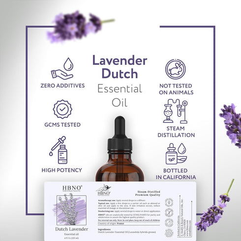HBNO® California Bottled Dutch Lavender Essential Oil 4 fl oz (120ml) - Natural Lavender Oil for Skin, Perfect for Cleaning, Aromatherapy, DIY & D...