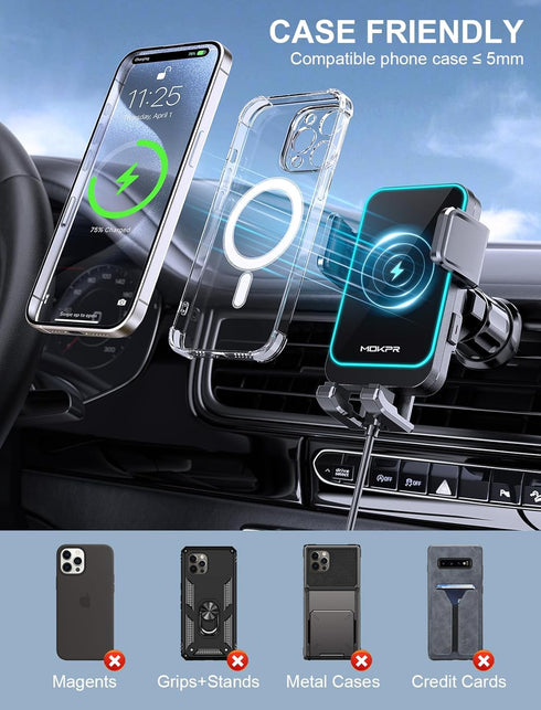Wireless Car Charger, MOKPR 15W Fast Charging Auto Clamping Dashboard Windshield Air Vent Car Phone Holder with LED Light Car Charger for iPhone 1...