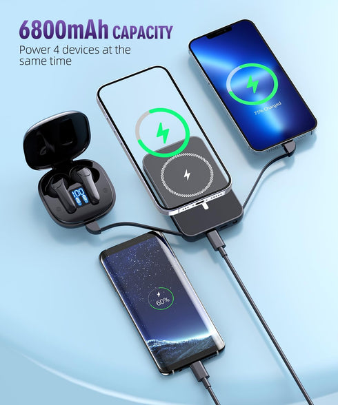 for Magnetic Power Bank, 6800mAh Wireless Portable Charger with PD30W Fast Charging, Mag-Safe Battery Pack Built-in 2 Output Cables for iPhone 15/...