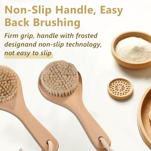 Dry Bath Body Brush with Short Handle, Natural Bristles Back Scrubber, Anti-Slip Wooden Handle for Exfoliation, Blood Circulation, and Cellulite R...