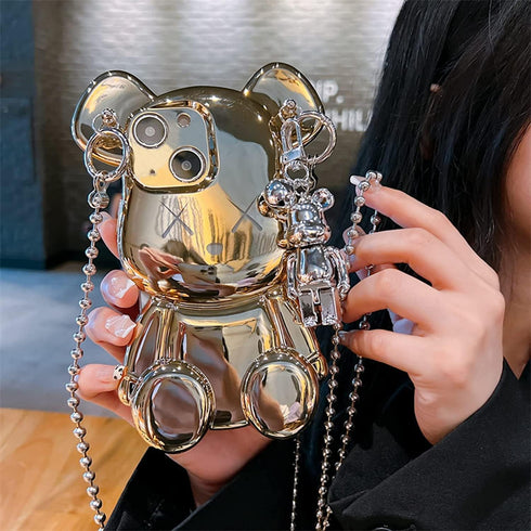 Cute Case for iPhone 15 6.1'', 3D Cartoon case Gold Teddy Bear Sparkle Bling Cover with Metal Chain Strap Bell Pendant, Fashion Plating Soft TPU S...