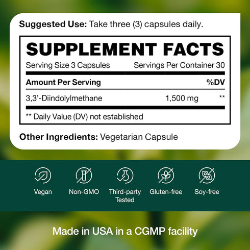DIM Supplement 500mg - Diindolylmethane for Estrogen Metabolism, Hormonal Health, Acne & Antioxidant Support – Vegan, Non GMO, Gluten-free - 90 Ca...