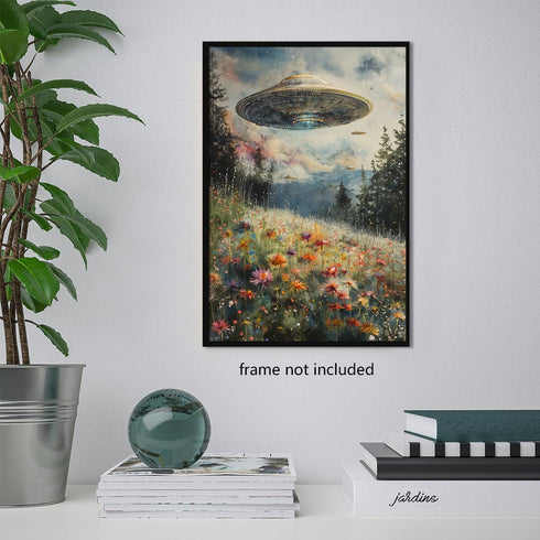 Generic UFO Surreal Art Print, Alien Abduction Poster, Trippy Spaceship Posters Painting, Wildflower Meadow Field Wall Art, Vintage Landscape Funn...