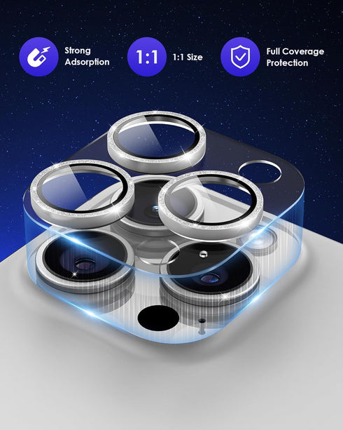 for iPhone 15 Pro/iPhone 15 Pro Max Glitter Camera Lens Protector, Clear Acrylic Plus Aluminium Alloy Ring 9H Tempered Glass Screen Camera Cover f...