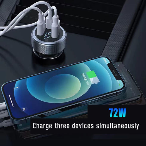 72W USB C Car Charger, 3 Ports 12V USB Charger Dual QC3.0 and 36W PD Metal Mini Fast Car Charger Adapter with LED Voltmeter for 12V~24V Vehicles (...