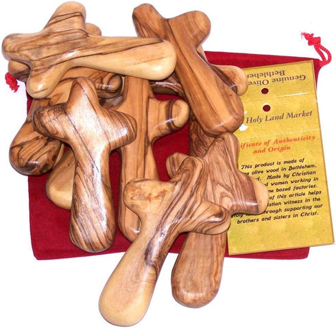 10 Olive Wood Holding Hand Crosses with Gift Bags (With Red or Black Velvet Bag ) From Bethlehem...