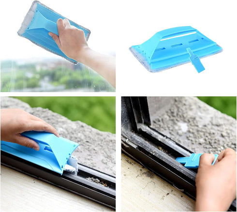 Multifunctional Glass& Window Track Cleaning Tools, Soft Frosted Glass Window Washer Cloth Brush with Study PVA Handle and Scraper, Window Cleaner...