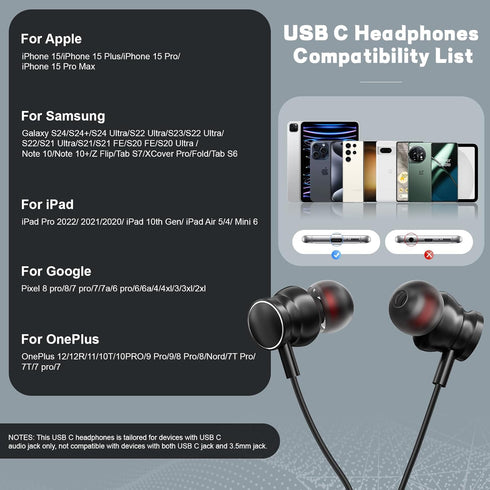 USB C Headphones Wired Earbuds for iPhone 15 Pro Max with Mic Volume Control Stereo Noise Cancelling, Type C Earphones for Samsung Galaxy S24/S23/...
