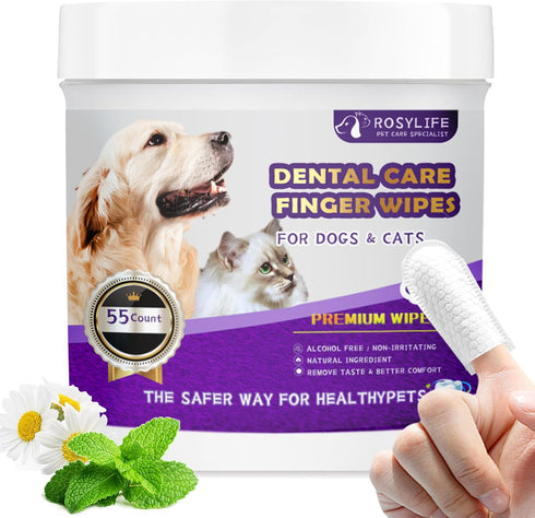 55 Counts PET Teeth Cleaning Wipes for Dogs & Cats,Dog Dental Wipes for Reducing Plaque & Tartar, Gentle Dental and Gum Care Finger Pet Wipes (55P...