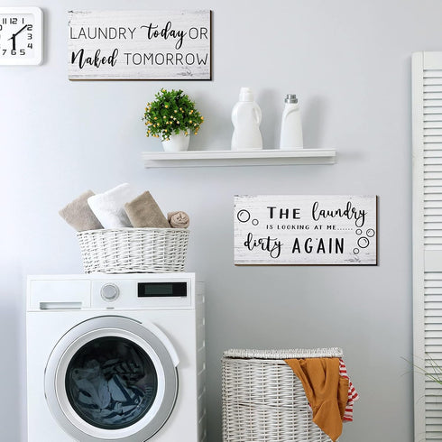 2 Pieces Laundry Room Decor Sign Rustic Farmhouse Bathroom Wall Decor Funny Laundry Signs, 12 x 6 Inch(White)...