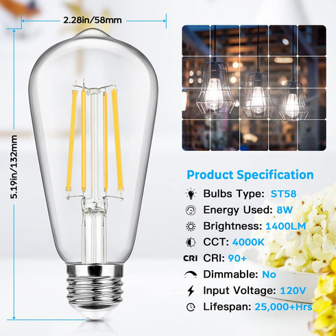 4-Pack Vintage E26 LED Edison Bulbs 100W Equivalent 1400LM High Brightness 8W ST58 LED Filament Light Bulbs 4000K Daylight White Medium Base CRI90...