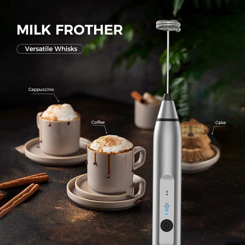 Milk Frother Rechargeable Handheld Whisk Coffee Frother Mixer with 3 Stainless whisks 3 Speed Adjustable Foam Maker Blender for Coffee Matcha Latt...