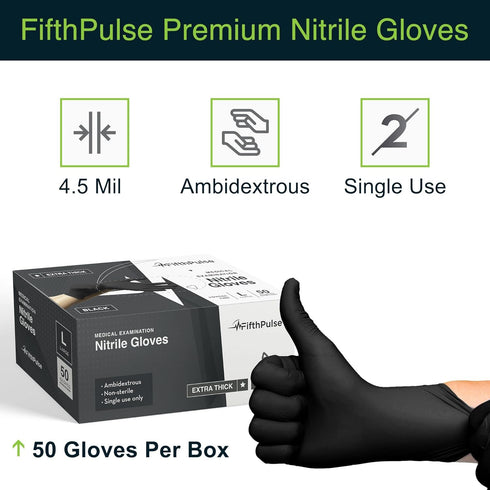 Disposable Black Nitrile Gloves Medium 50 Count - Extra Thick 4.5 Mil - Powder and Latex Free Rubber Gloves - Surgical Medical Exam Gloves - Food ...