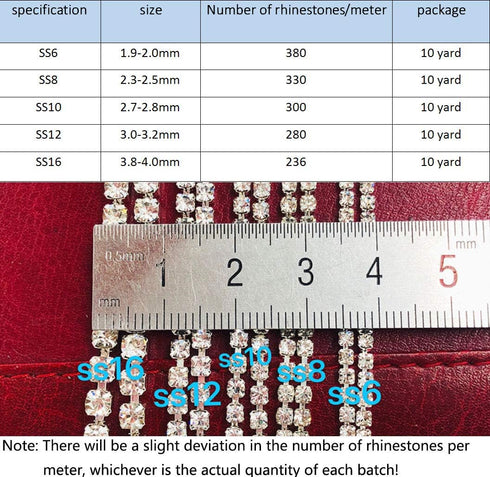 1 Roll 10 Yards Rhinestone Trim Crystal Cup Chain in Silver Setting Casing Clear (Siam/Red SS6 2mm)...