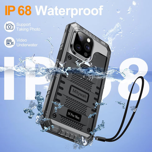 Mitywah Waterproof Case for iPhone 15 Pro Max, Heavy Duty Shockproof Case with Built-in Screen Protector, Full Body Underwater Protective Metal Ca...