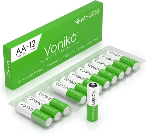Voniko Rechargeable AA NiMH Enecycle Double A Batteries 12 Pack – Ultra Long Lasting, 2100mAh, Recharge up to 1000x Times, Pre-Charged (1.2V)...