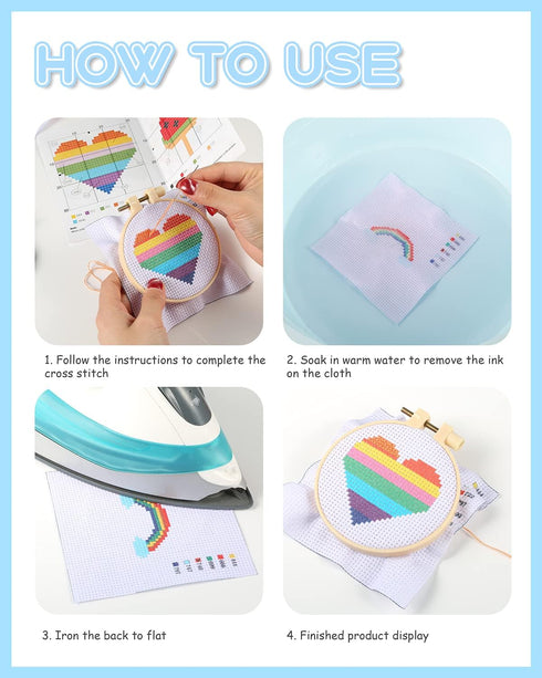 Pllieay Cross Stitch Beginner Kit for Kids 7-13, Includes 6pcs Project Cross Stitch Pattern and 2pcs Hoops, 12 Skeins, Needle Point Starter Kit Se...
