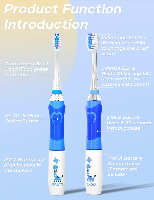 SEAGO Kids Electric Toothbrush with 2 Mins Brushing Timer and 4 Replacement Bursh Heads, Rainbow LED Light make Brushing Fun, Blue Color Boys Batt...