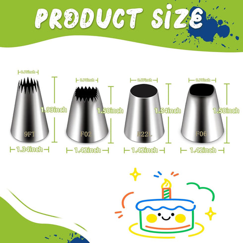 Suuker extra large piping tips set (F02 F06 9FT R22L), stainless steel round piping tip,large star square wide jumbo piping tips,eclair churro mer...