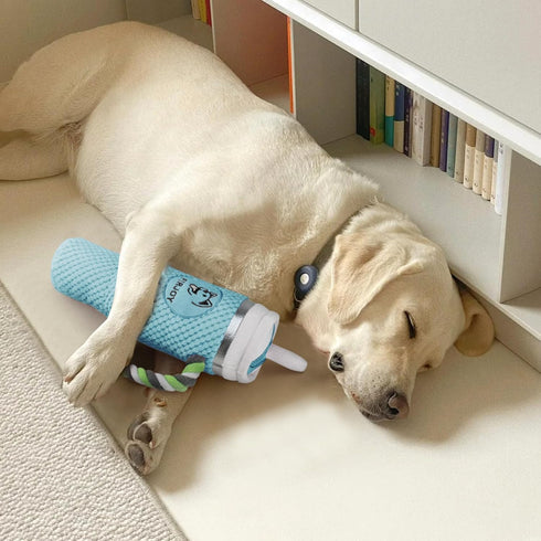 FIRJOY Funny Tumbler Plush Dog Toy - Cute Stanley-Shaped Cup Squeaky Dog Toy for All Dog Breeds and Sizes (Pool)...