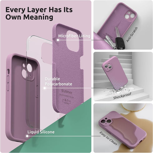 SURPHY Designed for iPhone 15 Case with Screen Protector and Lanyard, Phone Strap and Liquid Silicone Phone Case (Camera Protective + Soft Microfi...