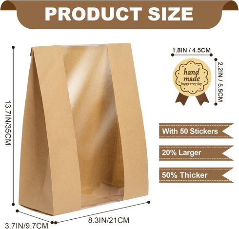 Large Paper Bread Bags for Homemade Bread Sourdough Bread Bags Large Paper Bakery Bag with Window for Baked Food Packaging Storage,Label Seal Stic...