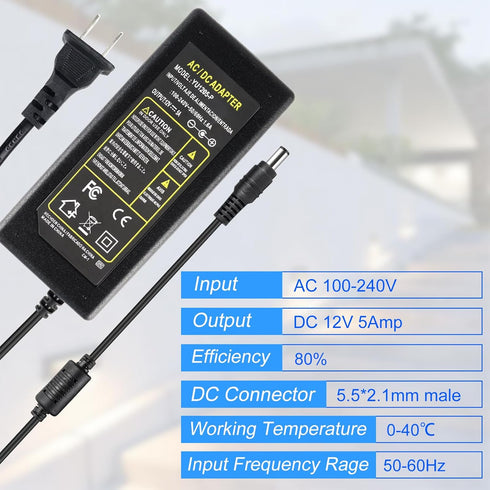 12V 5A LED Power Supply, 60W Power Adapter, 12V Power Supply for LED Strip Lights Security Camera DVD Player, 100-240V AC to 12V DC Transformer wi...