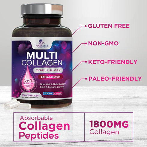 Collagen Peptides for Women & Men, Type I, II, III, V, X Hydrolyzed Collagen Pills, Grass Fed Non-GMO Multi Collagen Peptides Supplements, Hair, S...